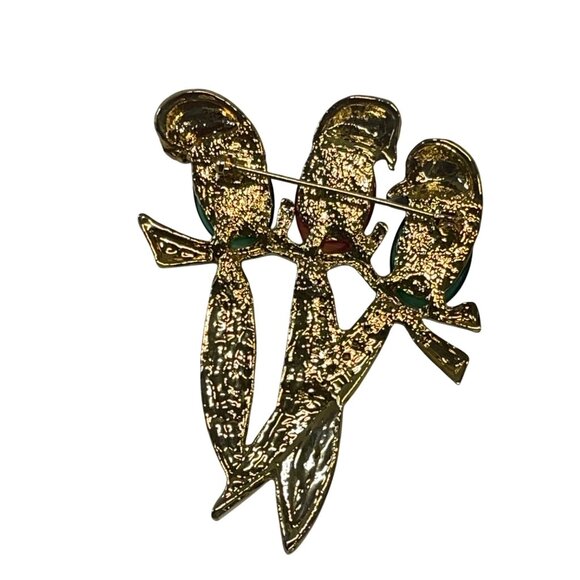 Vintage Gold-Tone Enamel Three Parrots Brooch With Rhinestone Accents On Branch - Picture 3 of 3